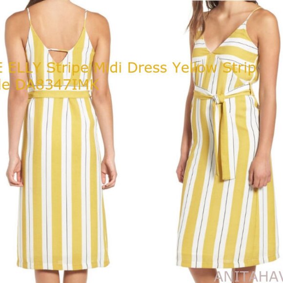 Dee Elly Nordstrom Mustard Yellow White Striped Belted MIDI Dress Size M - Picture 8 of 8